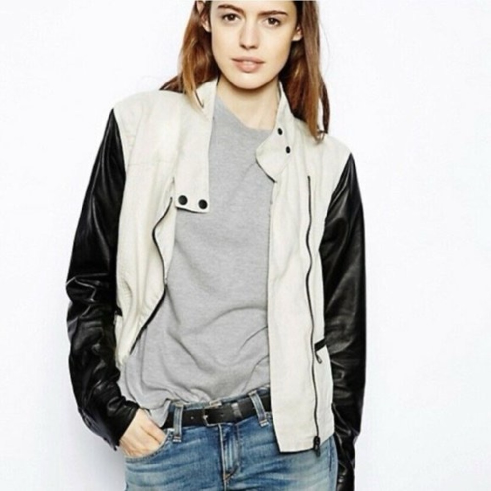 Rag and Bone Black and Cream Genuine Sheepskin Sleeve Jacket